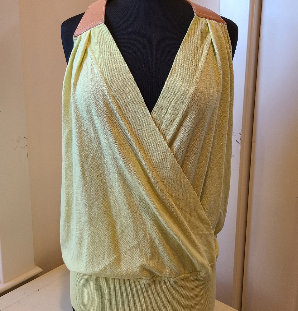 Saks Fifth Avenue 9|15 Yellow Silk and Brown Leather Racerback Faux Wrap Blouse - Picture 6 of 12
